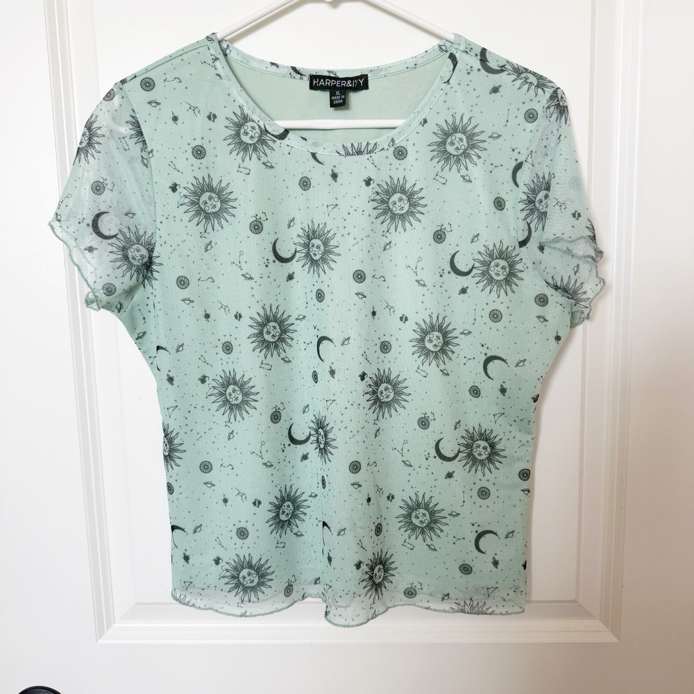 Harper & Ivy Y2K Celestial Star Top Size XL Whimsigoth Sheer Moon Sun Artsy